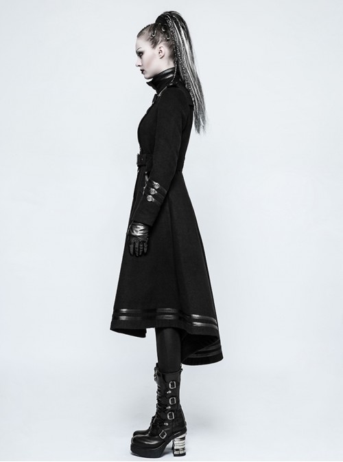 High Collar Front Metal Button Decoration Hasp Belt Big Wave Hem Black Punk Worsted Long Coat