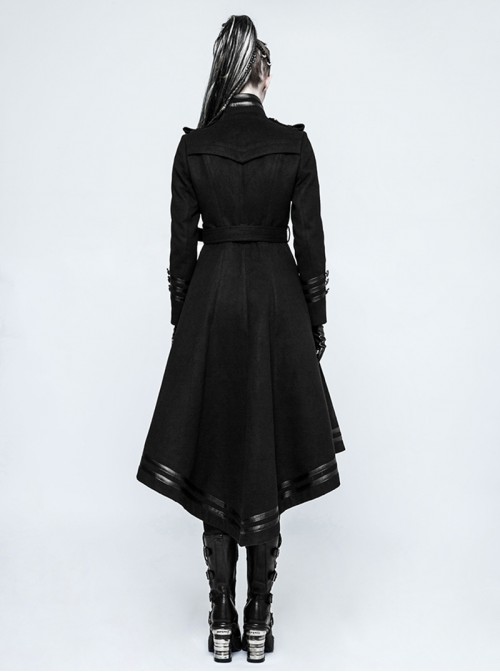 High Collar Front Metal Button Decoration Hasp Belt Big Wave Hem Black Punk Worsted Long Coat