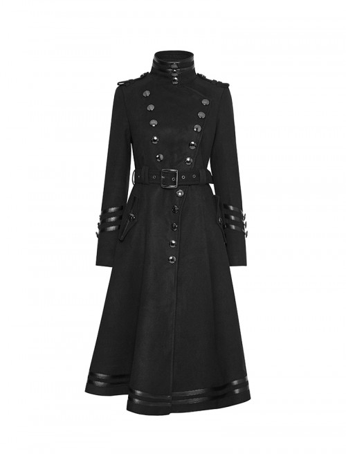 High Collar Front Metal Button Decoration Hasp Belt Big Wave Hem Black Punk Worsted Long Coat