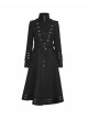 High Collar Front Metal Button Decoration Hasp Belt Big Wave Hem Black Punk Worsted Long Coat