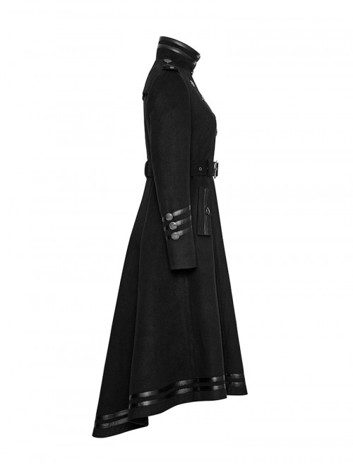 High Collar Front Metal Button Decoration Hasp Belt Big Wave Hem Black Punk Worsted Long Coat