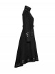 High Collar Front Metal Button Decoration Hasp Belt Big Wave Hem Black Punk Worsted Long Coat