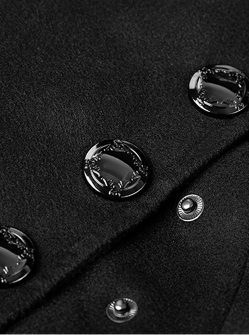High Collar Front Metal Button Decoration Hasp Belt Big Wave Hem Black Punk Worsted Long Coat