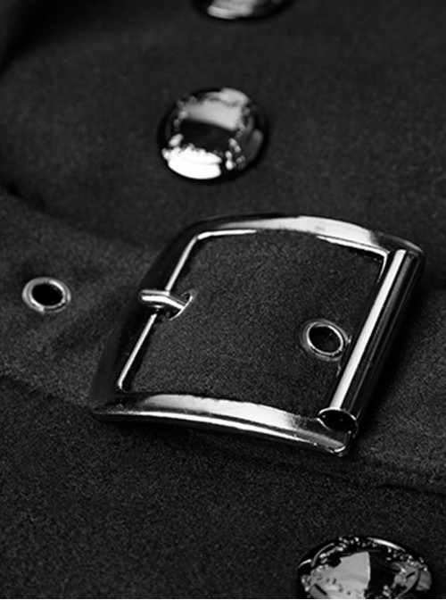 High Collar Front Metal Button Decoration Hasp Belt Big Wave Hem Black Punk Worsted Long Coat