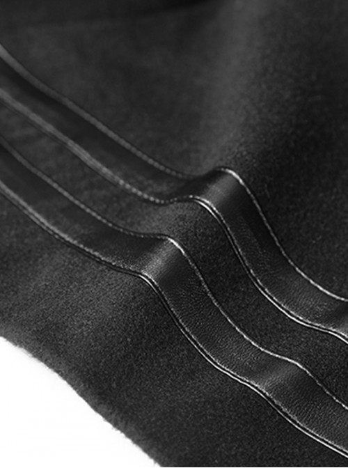 High Collar Front Metal Button Decoration Hasp Belt Big Wave Hem Black Punk Worsted Long Coat