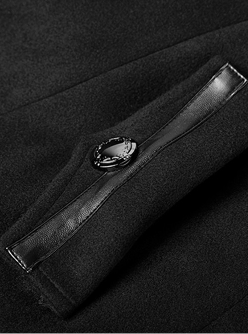 High Collar Front Metal Button Decoration Hasp Belt Big Wave Hem Black Punk Worsted Long Coat