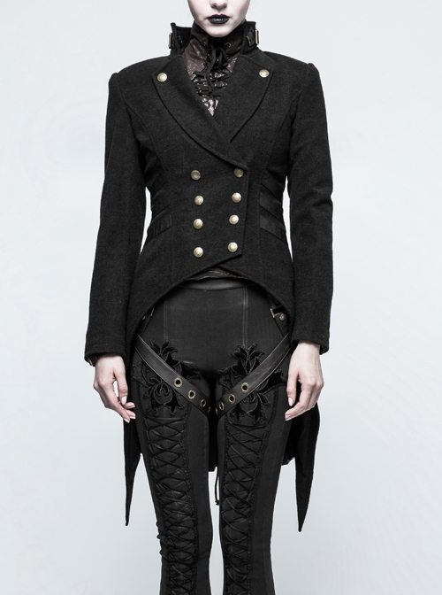 High Collar Front Metal Button Decoration Hasp Belt Big Wave Hem Black Punk Worsted Long Coat