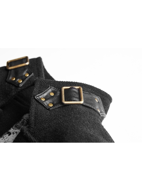 High Collar Front Metal Button Decoration Hasp Belt Big Wave Hem Black Punk Worsted Long Coat
