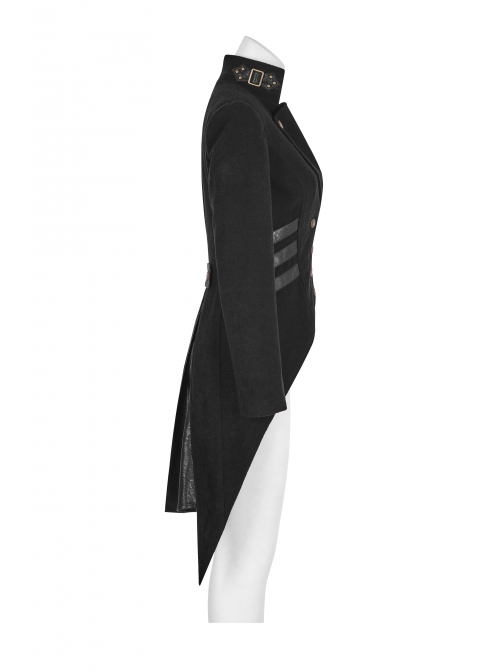 High Collar Front Metal Button Decoration Hasp Belt Big Wave Hem Black Punk Worsted Long Coat