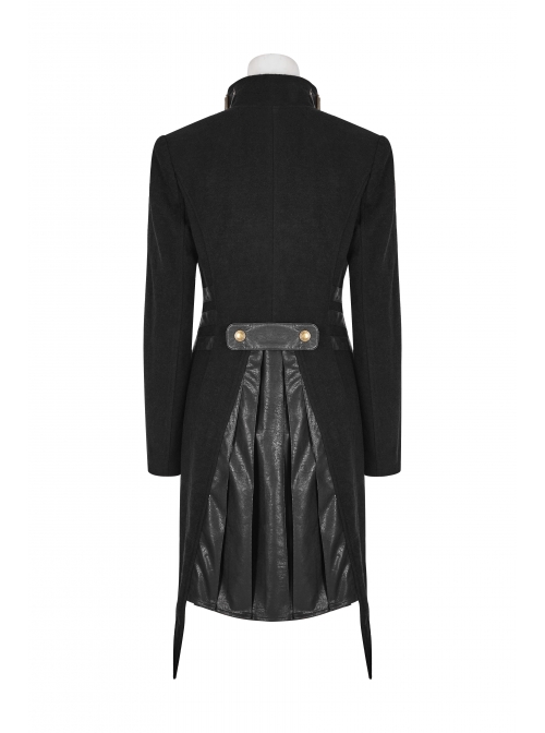 High Collar Front Metal Button Decoration Hasp Belt Big Wave Hem Black Punk Worsted Long Coat