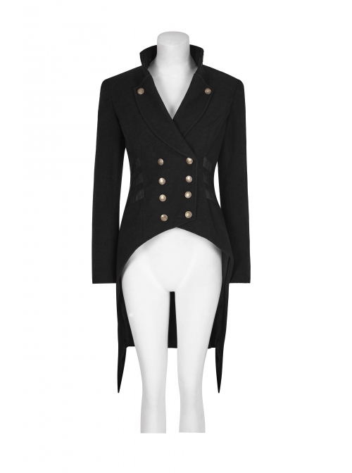 High Collar Front Metal Button Decoration Hasp Belt Big Wave Hem Black Punk Worsted Long Coat
