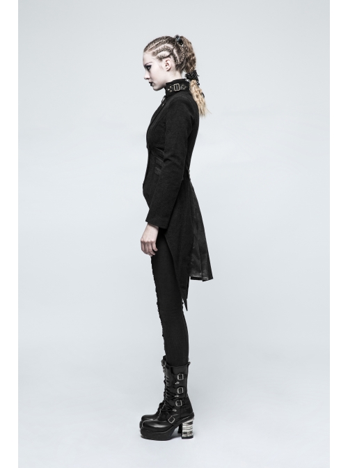 High Collar Front Metal Button Decoration Hasp Belt Big Wave Hem Black Punk Worsted Long Coat