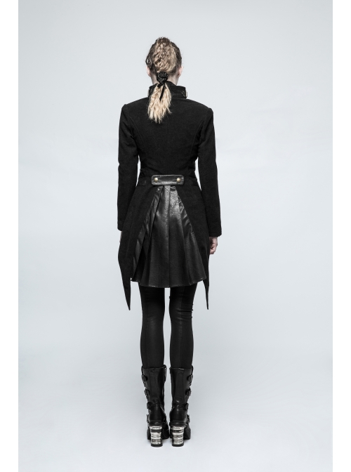 High Collar Front Metal Button Decoration Hasp Belt Big Wave Hem Black Punk Worsted Long Coat