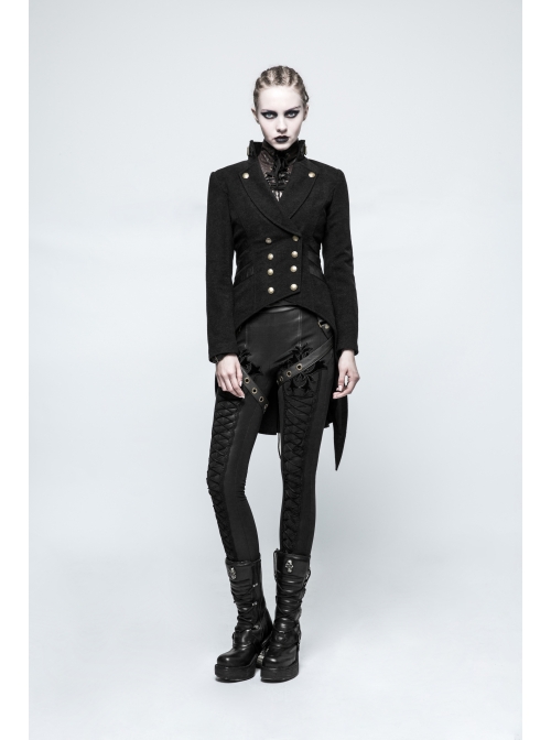 High Collar Front Metal Button Decoration Hasp Belt Big Wave Hem Black Punk Worsted Long Coat