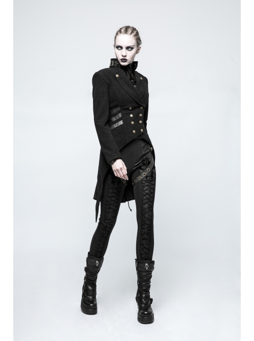 High Collar Front Metal Button Decoration Hasp Belt Big Wave Hem Black Punk Worsted Long Coat
