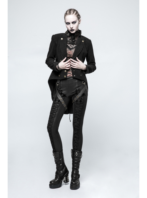 High Collar Front Metal Button Decoration Hasp Belt Big Wave Hem Black Punk Worsted Long Coat