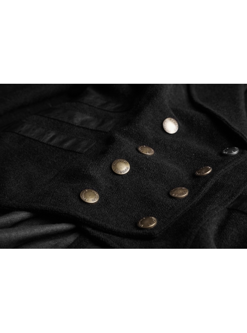 High Collar Front Metal Button Decoration Hasp Belt Big Wave Hem Black Punk Worsted Long Coat