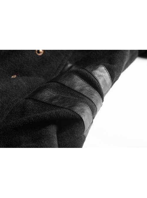 High Collar Front Metal Button Decoration Hasp Belt Big Wave Hem Black Punk Worsted Long Coat