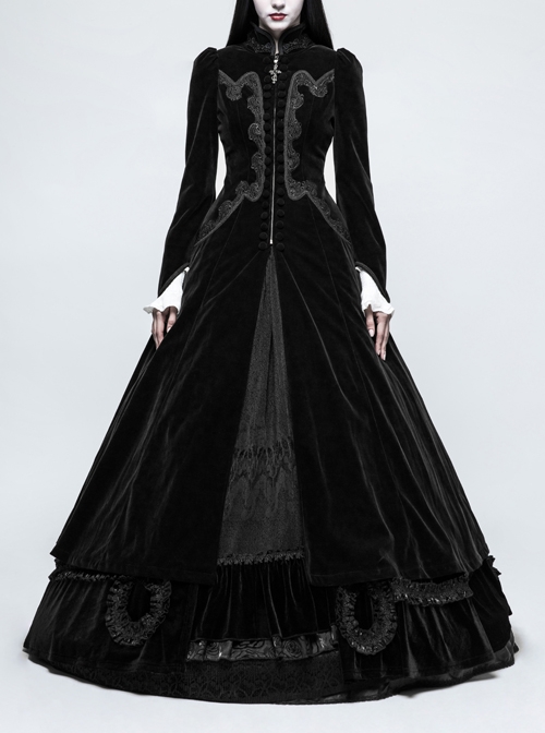 Stand-Up Collar Front Chest Decals Flare Sleeve Back Lace-Up Big Wave Hem Black Gothic Velveteen Coat