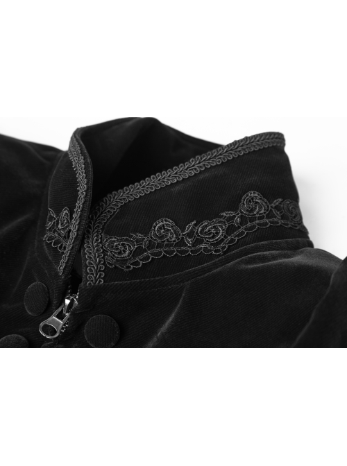Stand-Up Collar Front Chest Decals Flare Sleeve Back Lace-Up Big Wave Hem Black Gothic Velveteen Coat