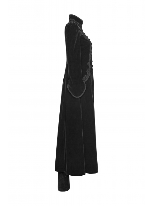 Stand-Up Collar Front Chest Decals Flare Sleeve Back Lace-Up Big Wave Hem Black Gothic Velveteen Coat