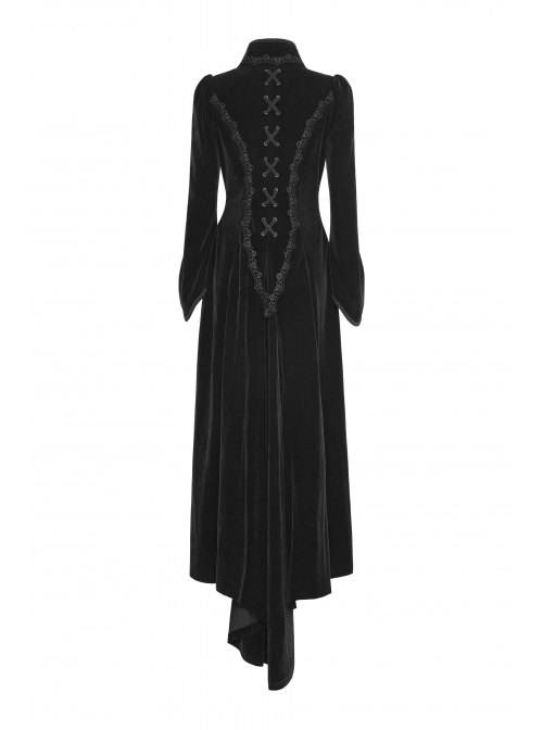 Stand-Up Collar Front Chest Decals Flare Sleeve Back Lace-Up Big Wave Hem Black Gothic Velveteen Coat