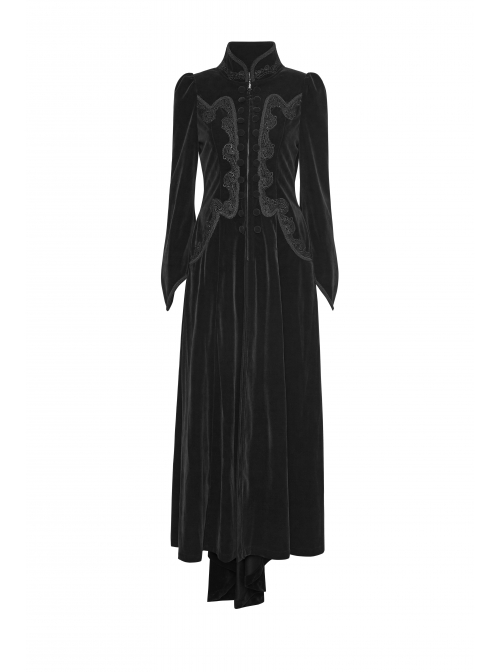 Stand-Up Collar Front Chest Decals Flare Sleeve Back Lace-Up Big Wave Hem Black Gothic Velveteen Coat