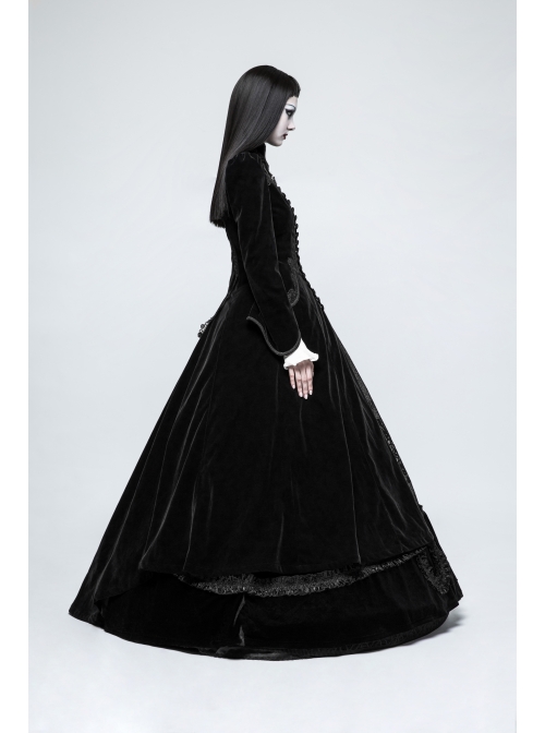 Stand-Up Collar Front Chest Decals Flare Sleeve Back Lace-Up Big Wave Hem Black Gothic Velveteen Coat
