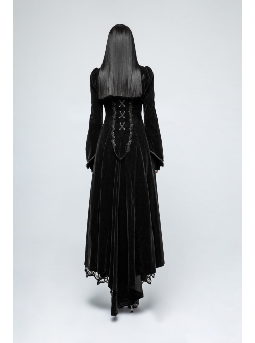 Stand-Up Collar Front Chest Decals Flare Sleeve Back Lace-Up Big Wave Hem Black Gothic Velveteen Coat