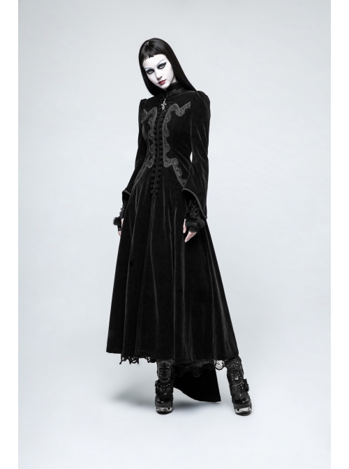 Stand-Up Collar Front Chest Decals Flare Sleeve Back Lace-Up Big Wave Hem Black Gothic Velveteen Coat