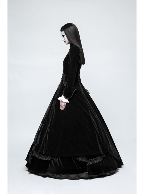 Stand-Up Collar Front Chest Decals Flare Sleeve Back Lace-Up Big Wave Hem Black Gothic Velveteen Coat