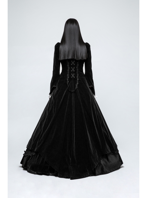 Stand-Up Collar Front Chest Decals Flare Sleeve Back Lace-Up Big Wave Hem Black Gothic Velveteen Coat
