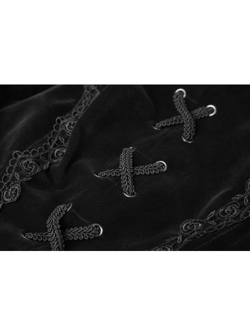 Stand-Up Collar Front Chest Decals Flare Sleeve Back Lace-Up Big Wave Hem Black Gothic Velveteen Coat