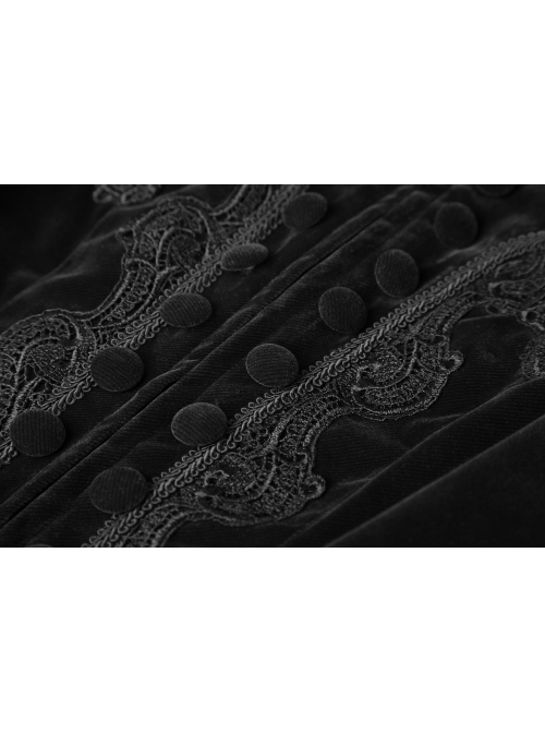 Stand-Up Collar Front Chest Decals Flare Sleeve Back Lace-Up Big Wave Hem Black Gothic Velveteen Coat