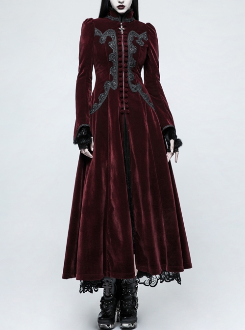 Stand-Up Collar Front Chest Decals Flare Sleeve Back Lace-Up Big Wave Hem Wine Red Gothic Velveteen Coat