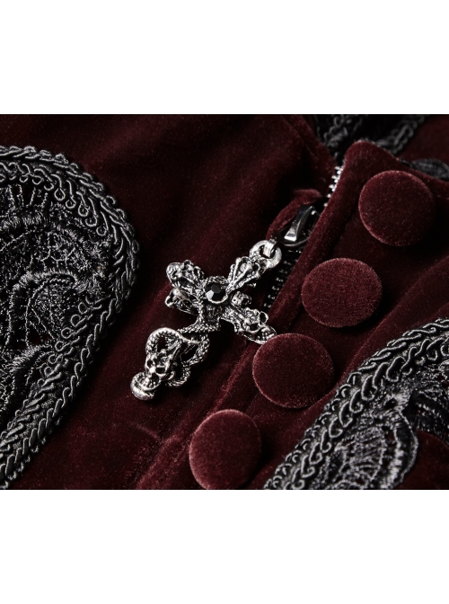 Stand-Up Collar Front Chest Decals Flare Sleeve Back Lace-Up Big Wave Hem Wine Red Gothic Velveteen Coat