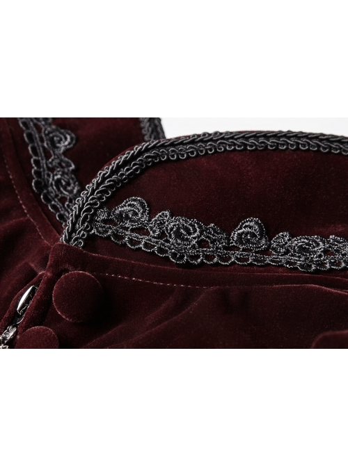 Stand-Up Collar Front Chest Decals Flare Sleeve Back Lace-Up Big Wave Hem Wine Red Gothic Velveteen Coat