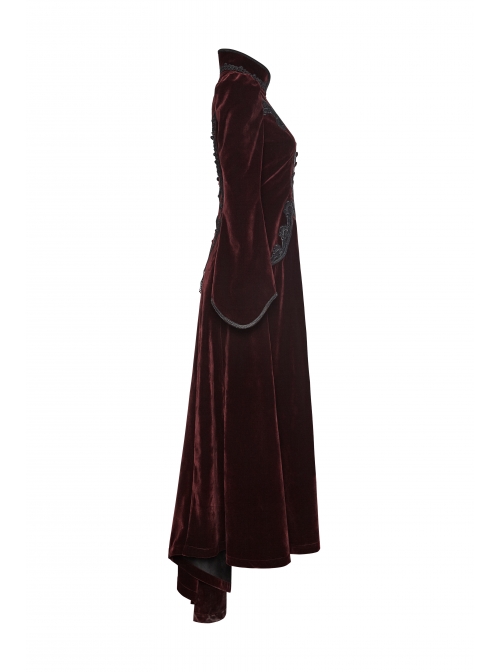 Stand-Up Collar Front Chest Decals Flare Sleeve Back Lace-Up Big Wave Hem Wine Red Gothic Velveteen Coat
