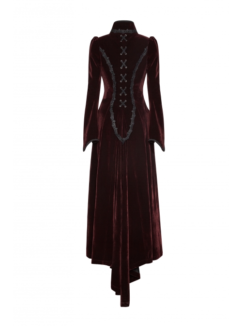 Stand-Up Collar Front Chest Decals Flare Sleeve Back Lace-Up Big Wave Hem Wine Red Gothic Velveteen Coat
