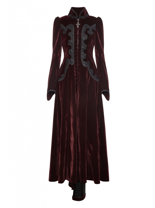 Stand-Up Collar Front Chest Decals Flare Sleeve Back Lace-Up Big Wave Hem Wine Red Gothic Velveteen Coat