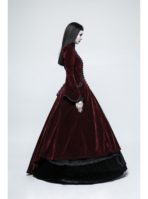 Stand-Up Collar Front Chest Decals Flare Sleeve Back Lace-Up Big Wave Hem Wine Red Gothic Velveteen Coat