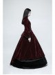 Stand-Up Collar Front Chest Decals Flare Sleeve Back Lace-Up Big Wave Hem Wine Red Gothic Velveteen Coat
