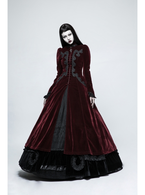 Stand-Up Collar Front Chest Decals Flare Sleeve Back Lace-Up Big Wave Hem Wine Red Gothic Velveteen Coat