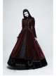 Stand-Up Collar Front Chest Decals Flare Sleeve Back Lace-Up Big Wave Hem Wine Red Gothic Velveteen Coat