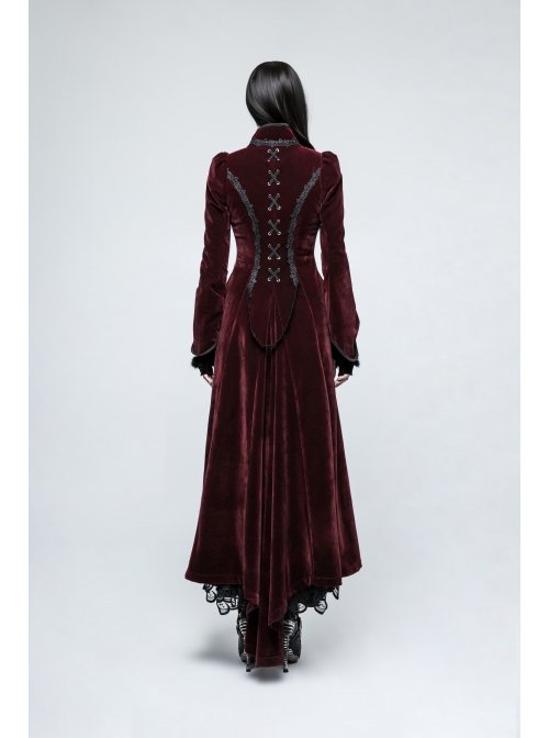 Stand-Up Collar Front Chest Decals Flare Sleeve Back Lace-Up Big Wave Hem Wine Red Gothic Velveteen Coat