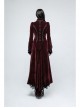 Stand-Up Collar Front Chest Decals Flare Sleeve Back Lace-Up Big Wave Hem Wine Red Gothic Velveteen Coat