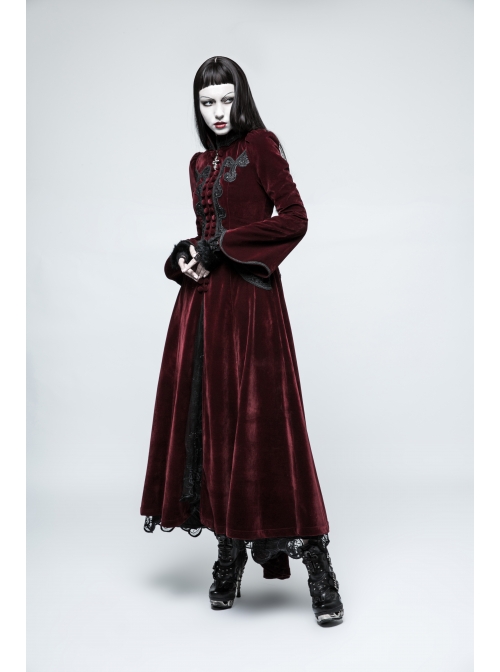Stand-Up Collar Front Chest Decals Flare Sleeve Back Lace-Up Big Wave Hem Wine Red Gothic Velveteen Coat