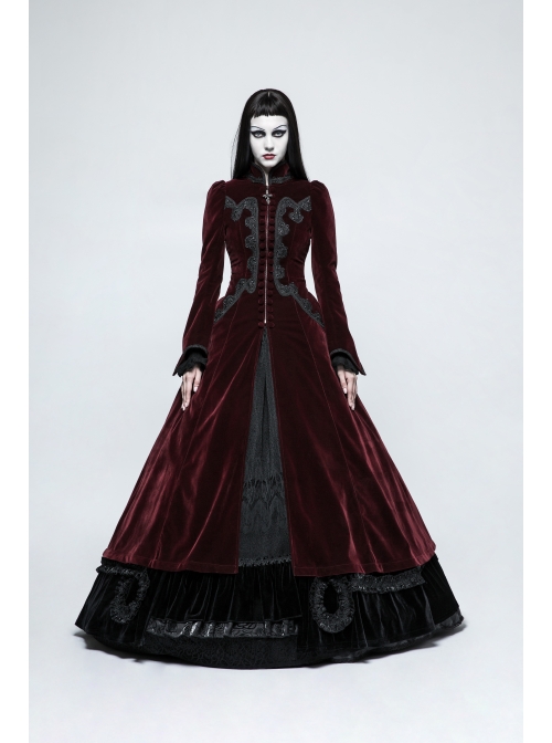 Stand-Up Collar Front Chest Decals Flare Sleeve Back Lace-Up Big Wave Hem Wine Red Gothic Velveteen Coat