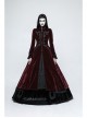 Stand-Up Collar Front Chest Decals Flare Sleeve Back Lace-Up Big Wave Hem Wine Red Gothic Velveteen Coat