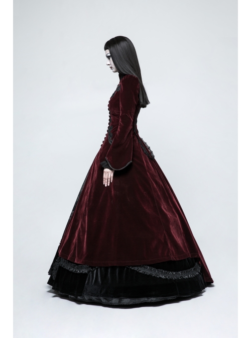 Stand-Up Collar Front Chest Decals Flare Sleeve Back Lace-Up Big Wave Hem Wine Red Gothic Velveteen Coat